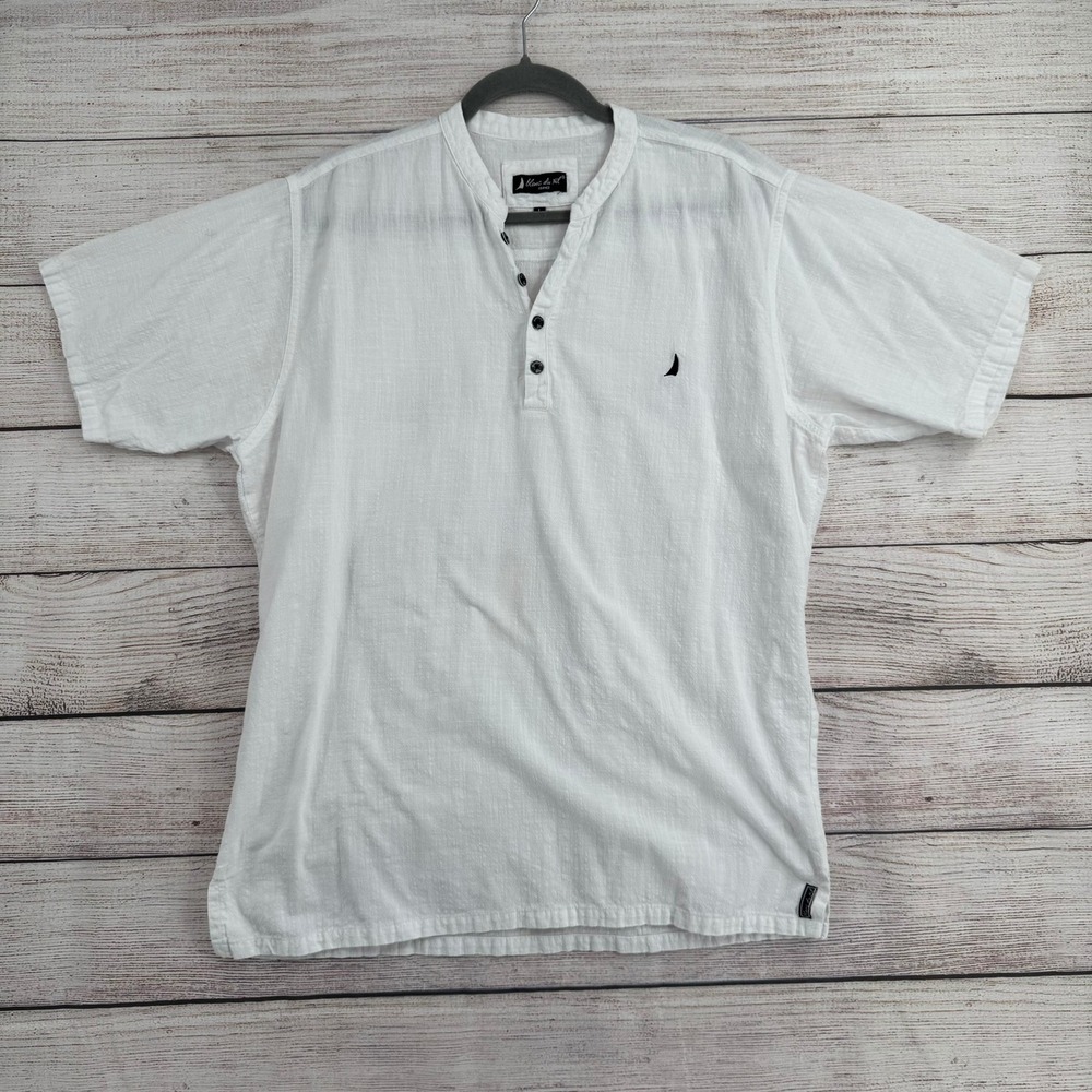 Blanc du Nil Henley Shirt Mens L White Cotton Textured Band Collar Short Sleeve